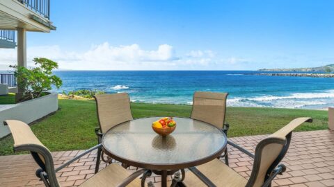 The lanai with an amazing ocean view at a villa in Kapalua