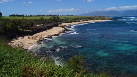 An aerial shot of Hookipa Beach Park in Maui